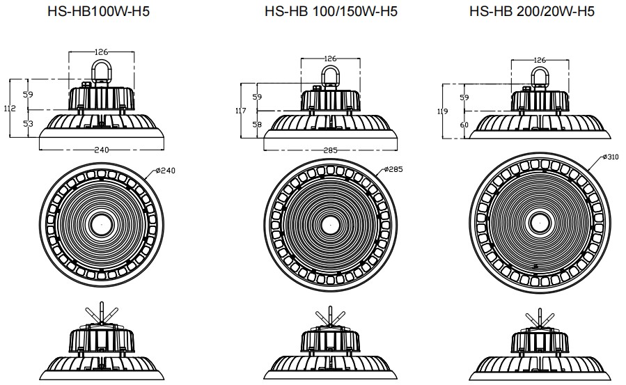 LED high bay size chart