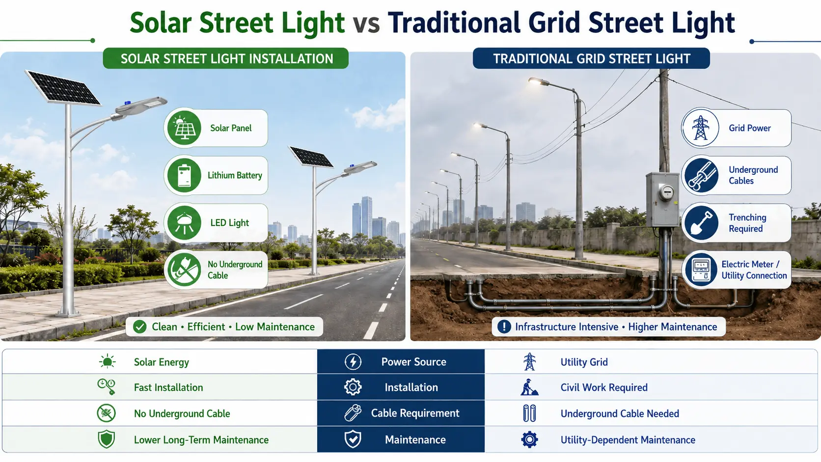 Solar street light vs traditional grid street lighting cost comparison