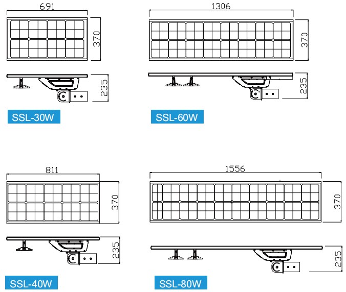 size chart of led solar street light